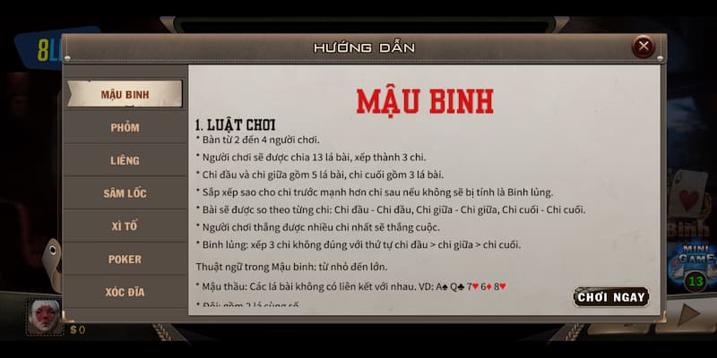 Luật chơi game mậu binh online 8live
