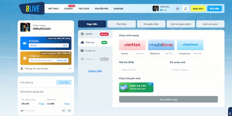 Lưu ý khi nạp tiền tránh lỗi giao dịch tại 8live