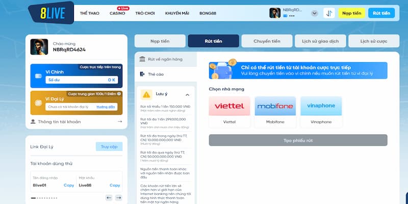 Quy Trình Rút Tiền 8live Siêu Đơn Giản